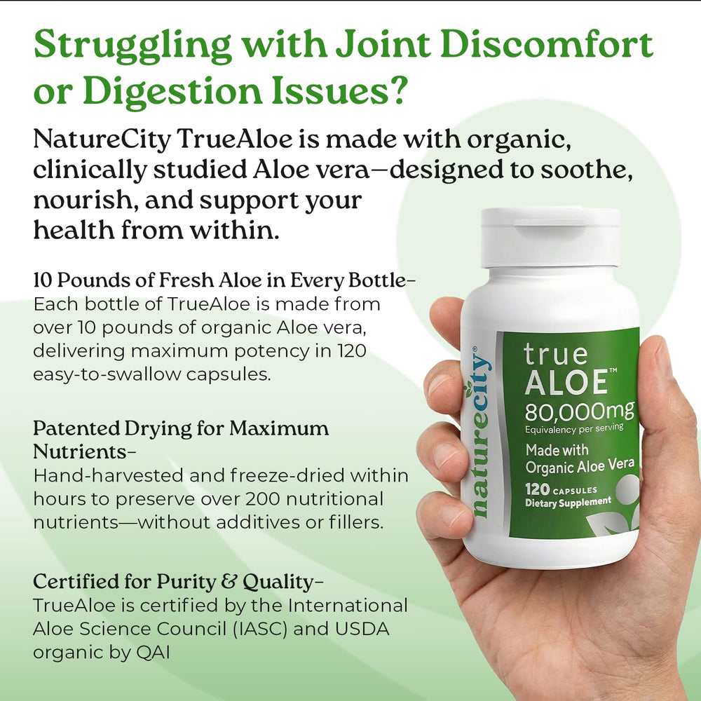 NatureCity True-Aloe capsules supporting digestive comfort and stomach balance