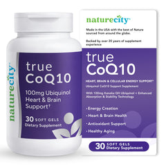 NatureCity True-CoQ10 ubiquinol softgels package highlights enhanced absorption and convenient heart-support formula.