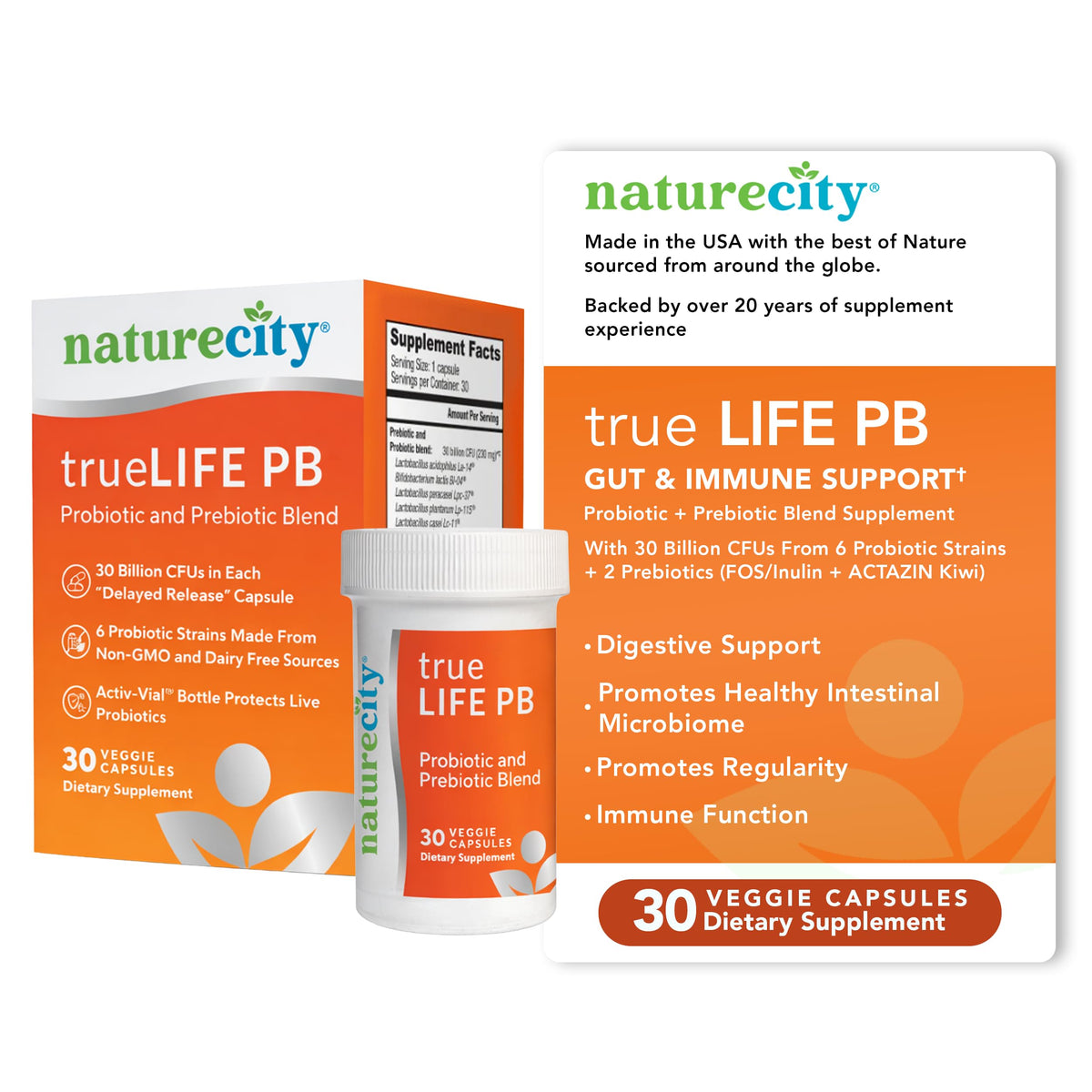 NatureCity True-Life-PB bottle front view showing shelf-stable probiotic formula