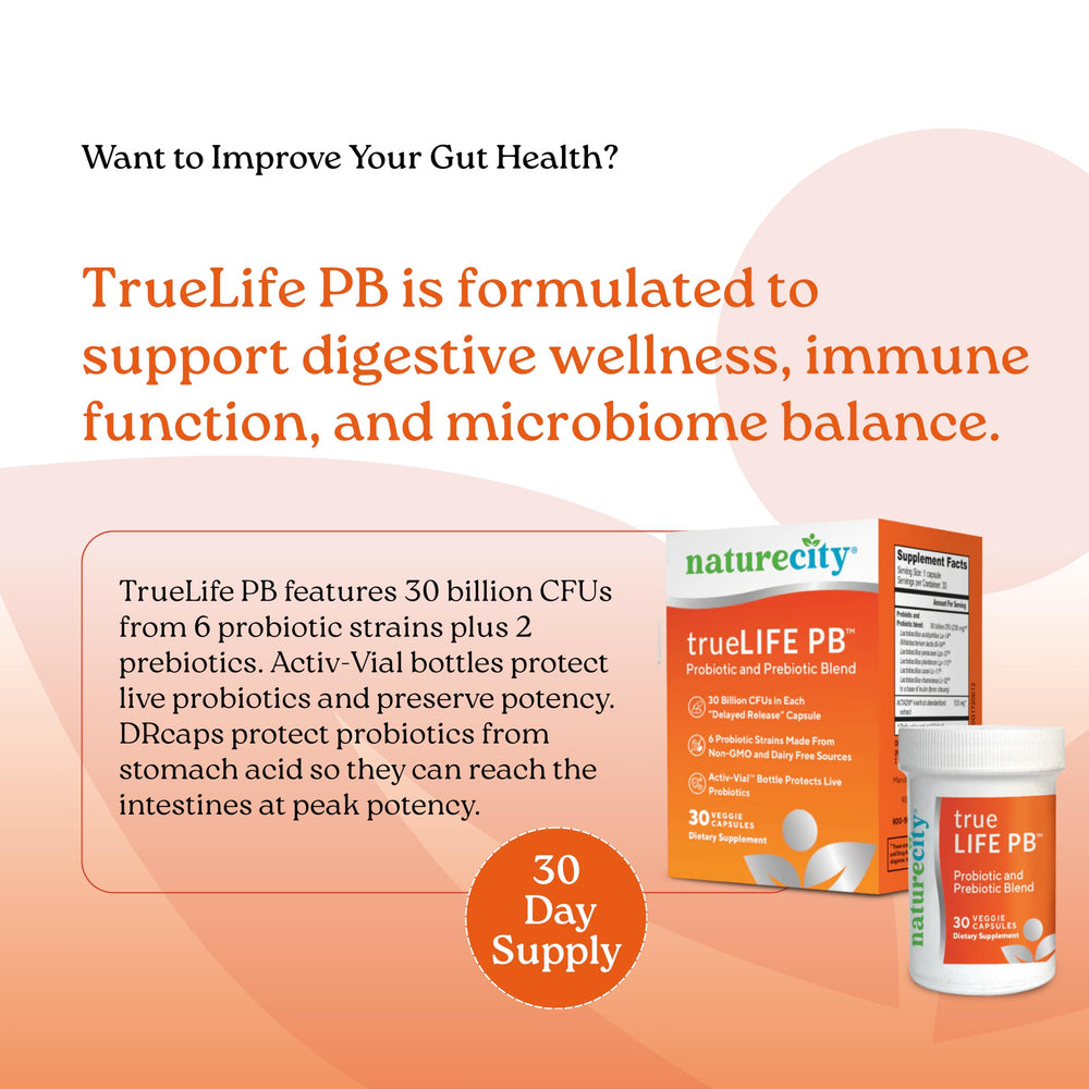Close-up of NatureCity True-Life-PB bottle label highlighting probiotic strains and dairy-free formula