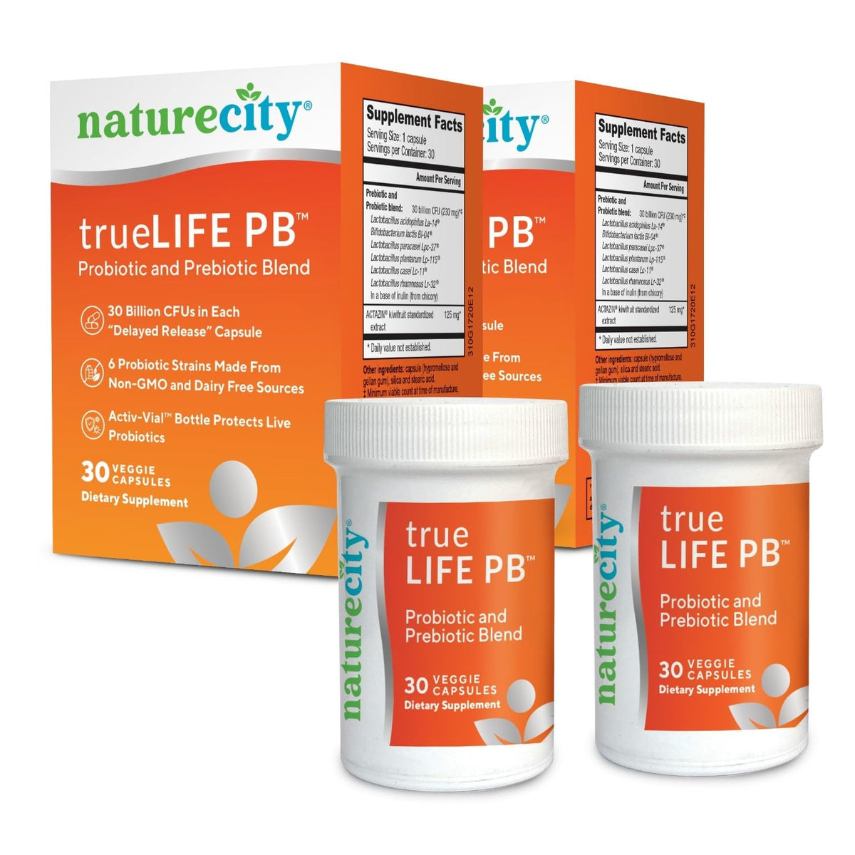 NatureCity True-Life-PB bottle with activ-vial sleeve preserves probiotic potency.