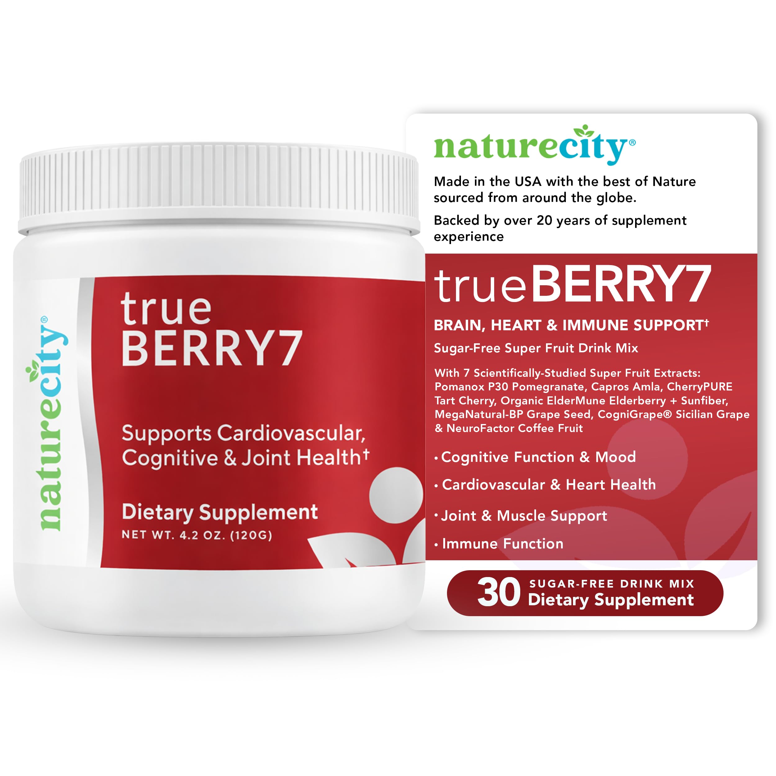 NatureCity TrueBerry7 tub label for daily wellness polyphenol blend.