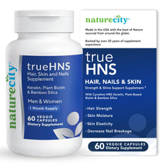 NatureCity True-HNS bottle with keratin and plant-based biotin supports hair strength and nail shine.