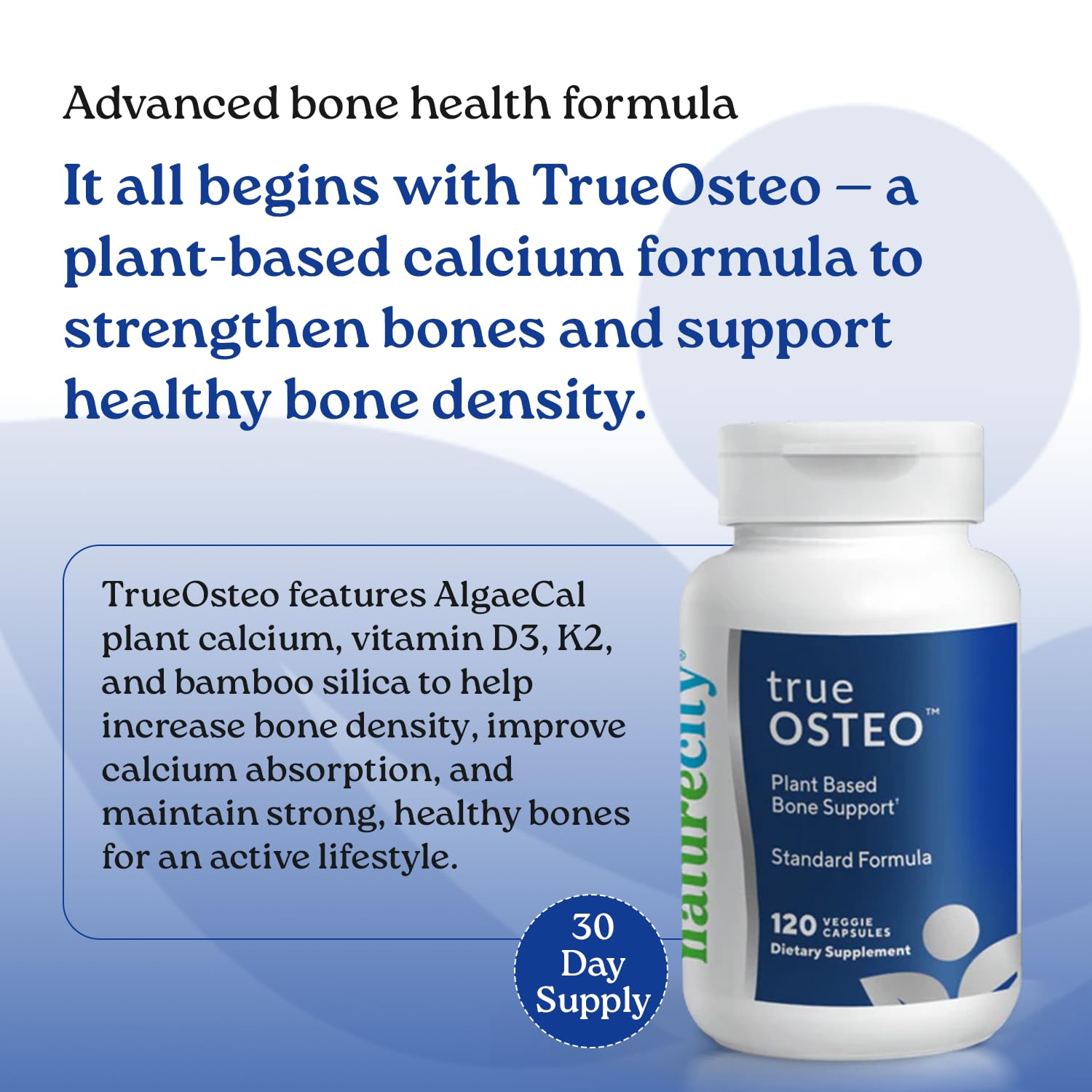 Closeup of NatureCity True-Osteo bottle, highlighting veggie capsules for gentle digestion.
