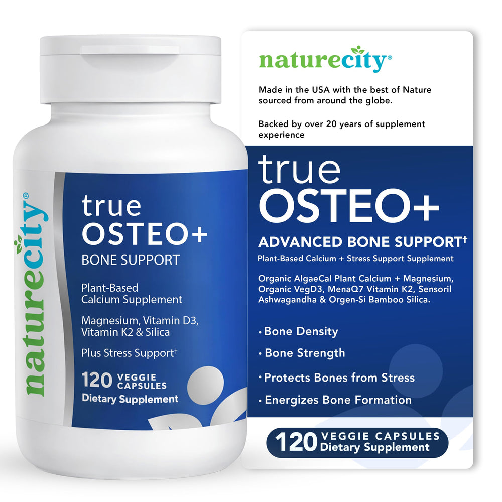 NatureCity TrueOsteo bottle front with plant-based calcium for bone support.