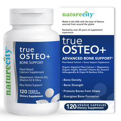 NatureCity TrueOsteo bottle front with plant-based calcium for bone support.
