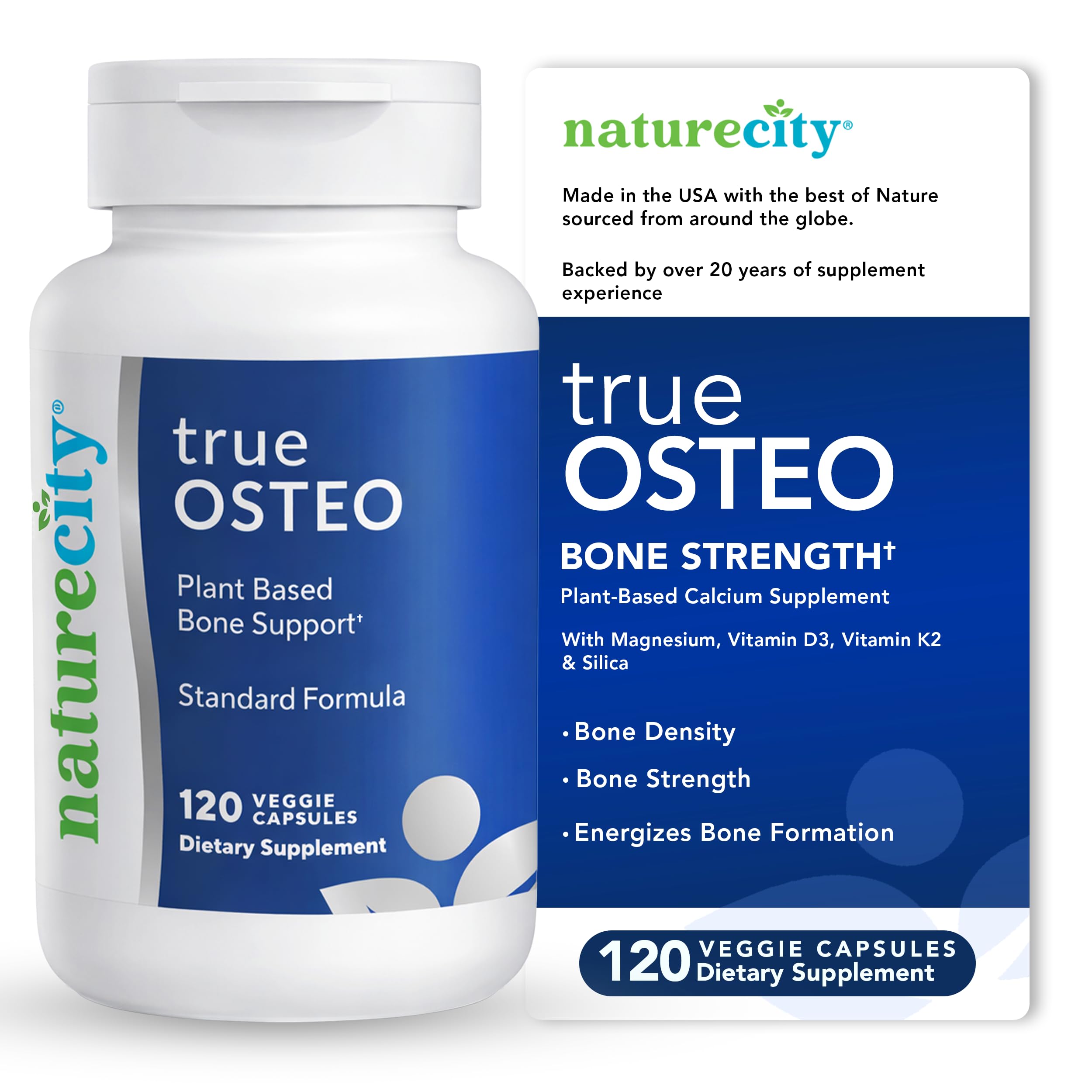NatureCity True-Osteo bottle being poured, plant-based calcium for daily bone support.