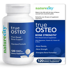 NatureCity True-Osteo bottle being poured, plant-based calcium for daily bone support.