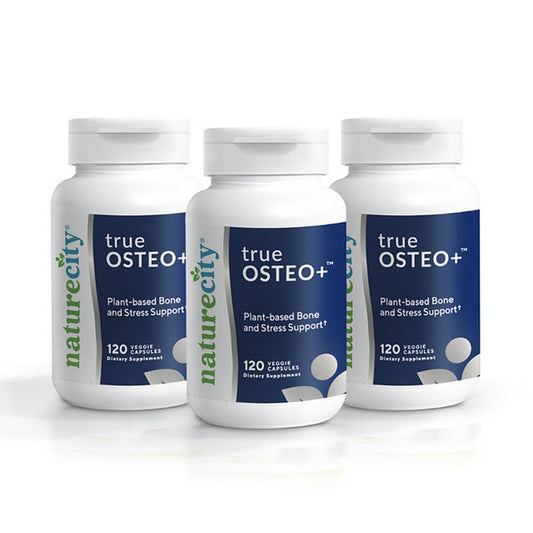 NatureCity TrueOsteo+ bottle front highlighting plant-based calcium for bone support.