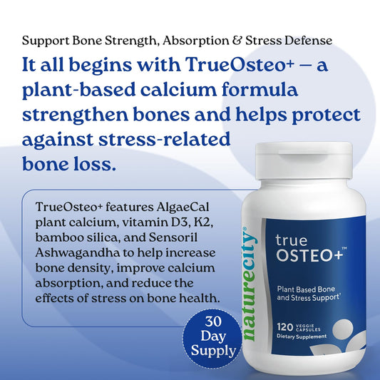 NatureCity TrueOsteo+ bottle side showing minerals and AlgaeCal for holistic nutrition.