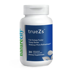 NatureCity TrueZs bottle closeup, melatonin-free sleep support for a calmer bedtime.