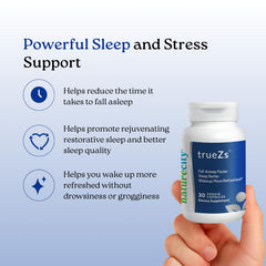 NatureCity TrueZs label closeup highlighting vegan, non-GMO sleep aid ingredients.