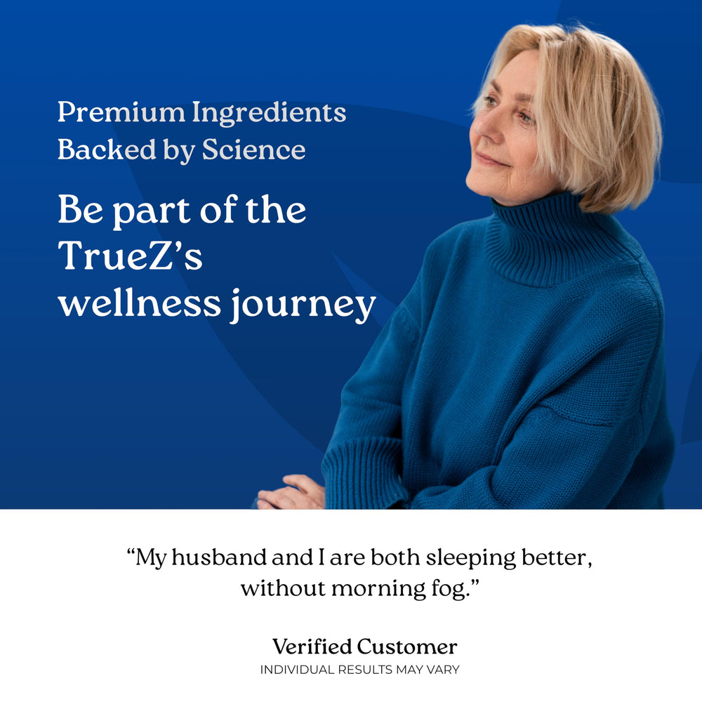 NatureCity TrueZs L-Theanine capsules showing calm bedtime benefits.