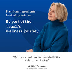NatureCity TrueZs L-Theanine capsules showing calm bedtime benefits.