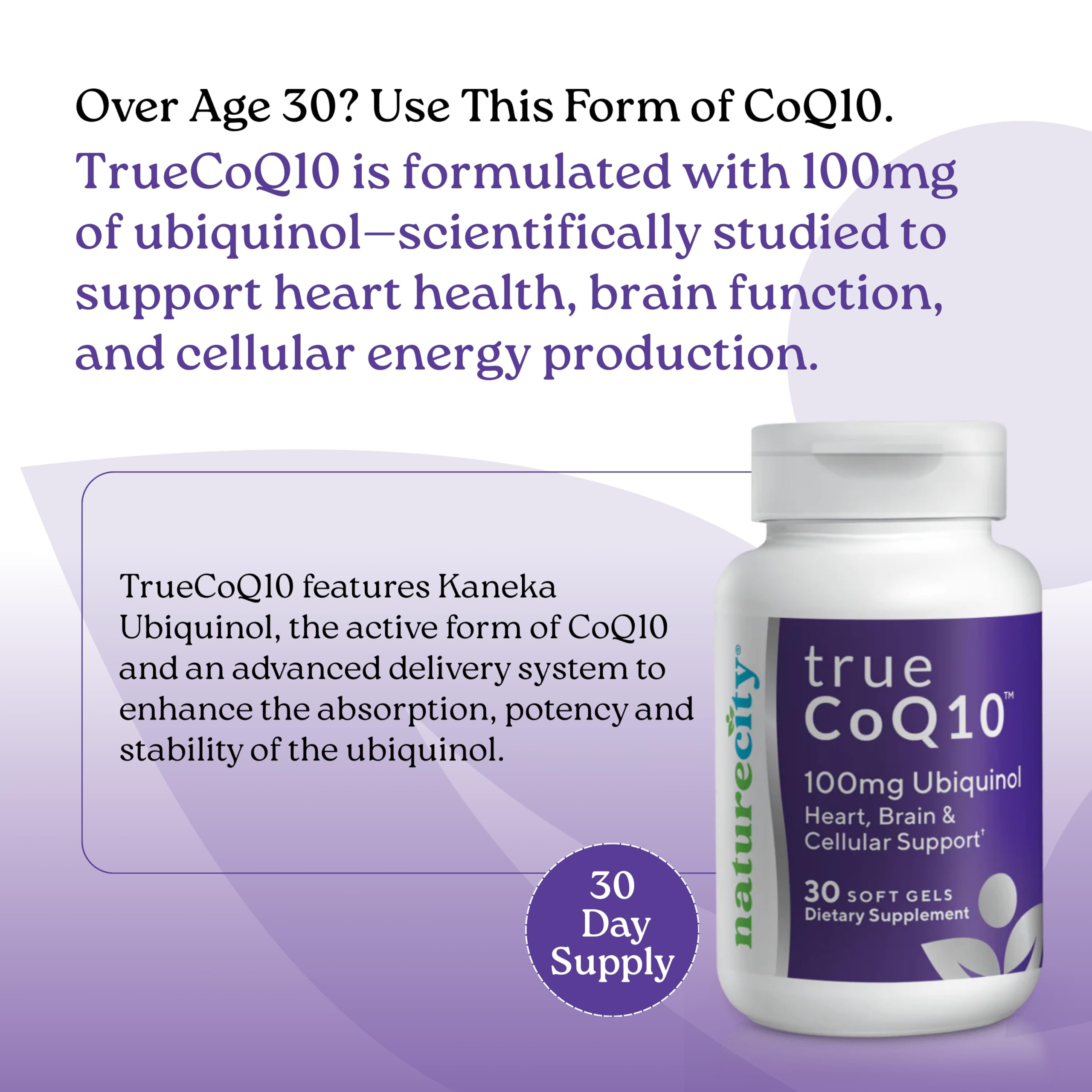 Close-up of NatureCity ubiquinol 100mg softgel illustrating potency and stability.