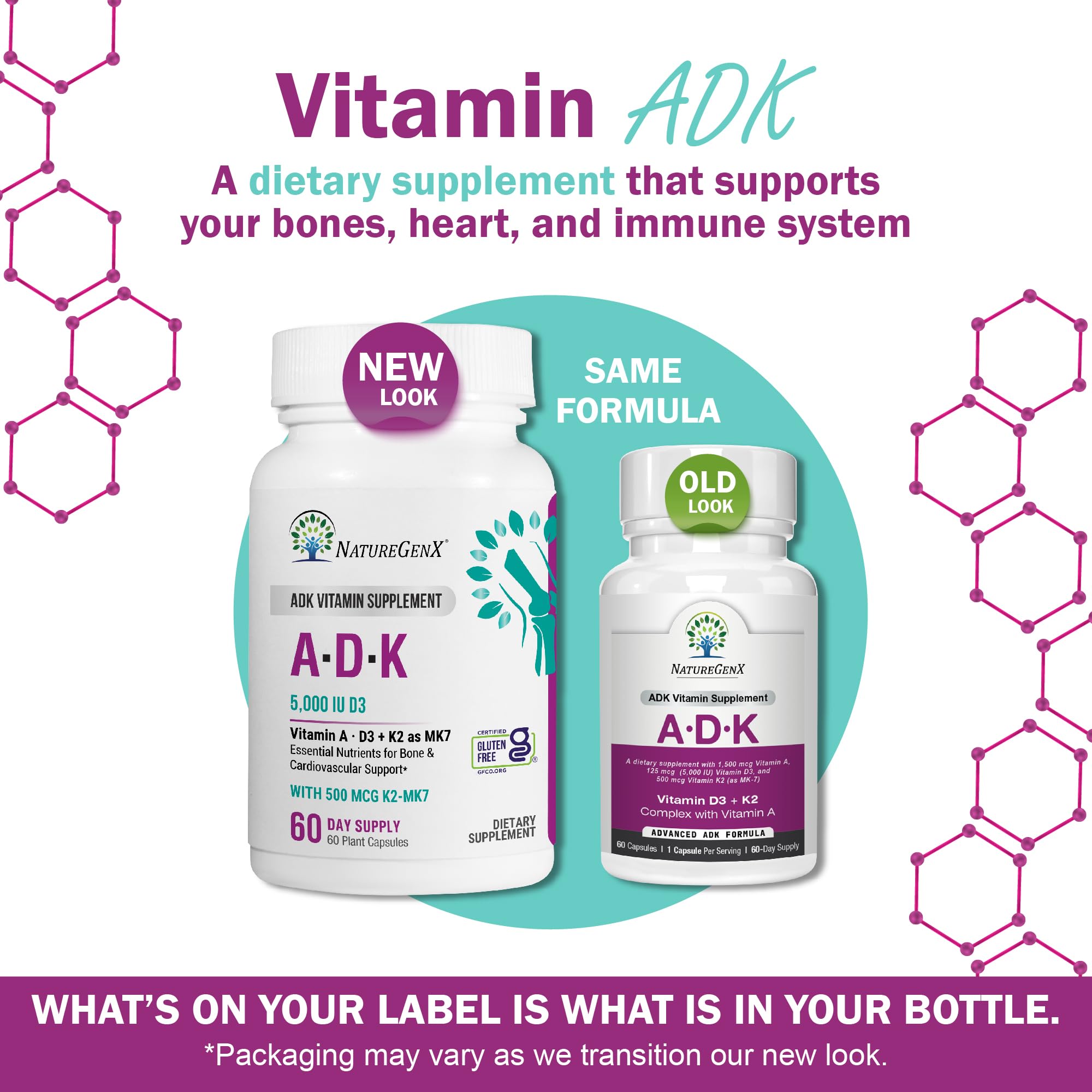 NatureGenX ADK bottle back label shows ingredients and gluten-free formula.