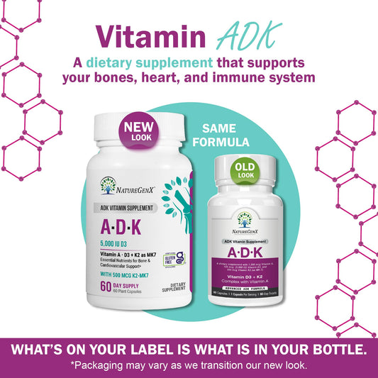 NatureGenX ADK bottle back label shows ingredients and gluten-free formula.