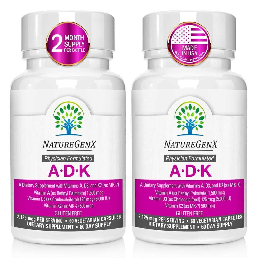 NatureGenX ADK bottle front view highlighting high-potency vitamins A, D3, and K2 for bone support.