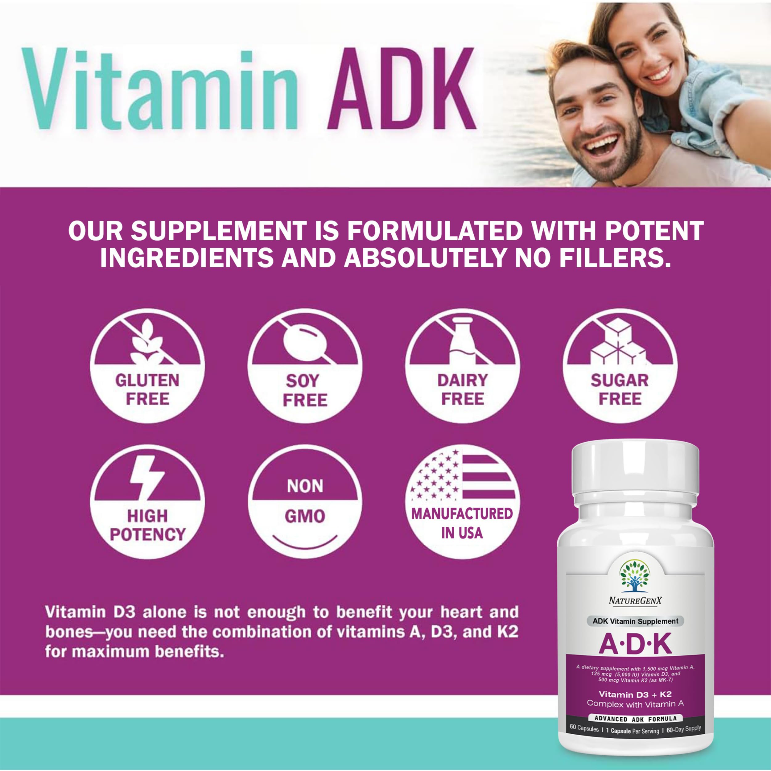 NatureGenX ADK dosage card illustrating daily capsule guidance.