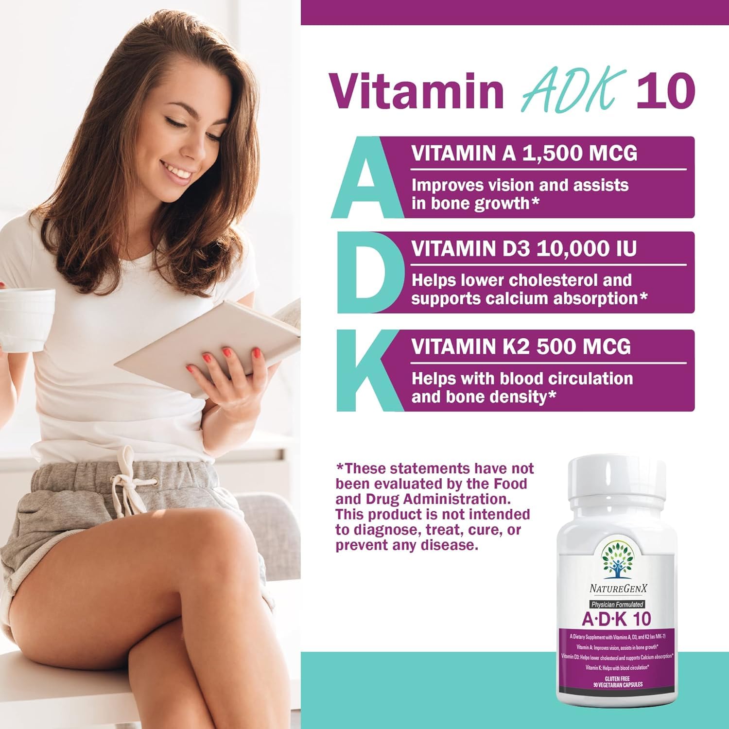 NatureGenX ADK10 bottle-label detail highlighting 10,000 IU D3 and MK-7 K2.