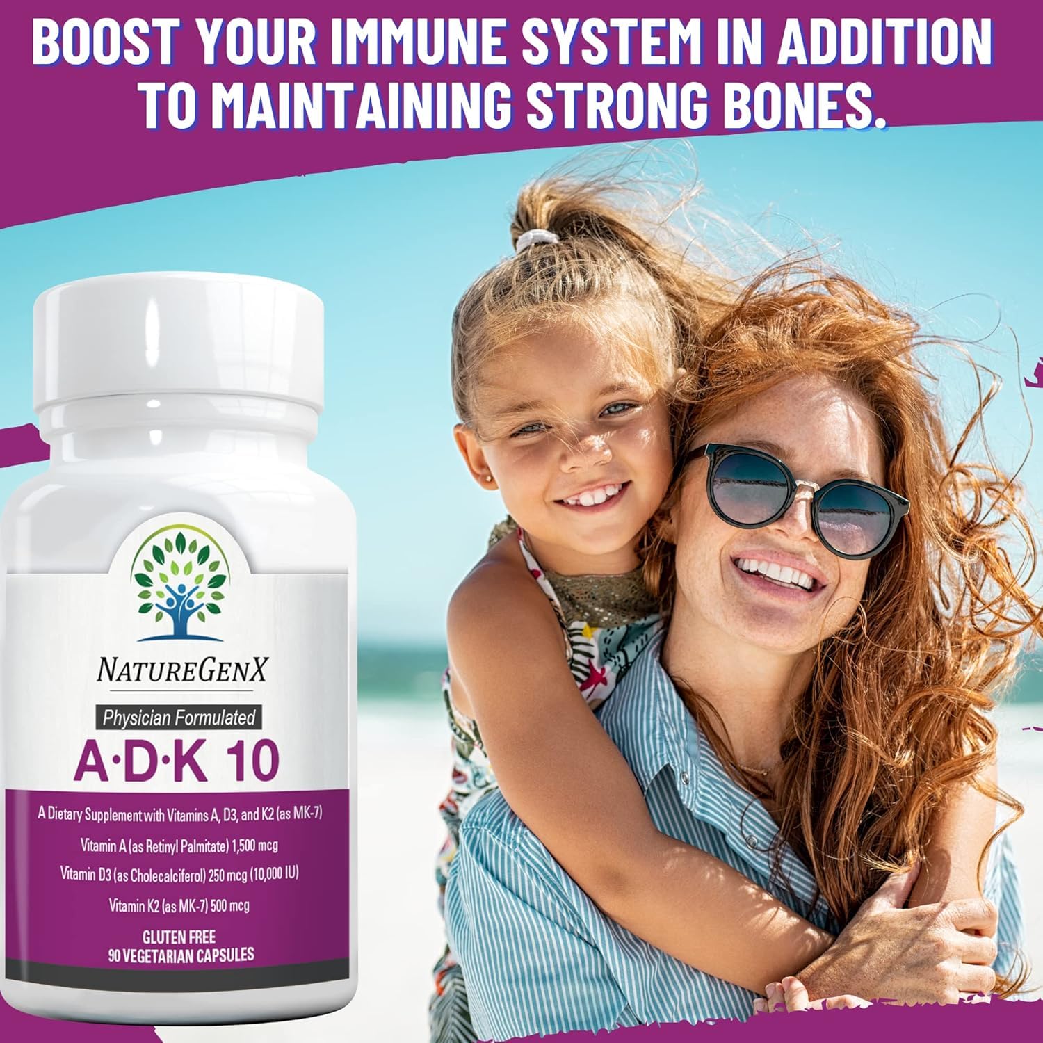 NatureGenX ADK10 label close-up notes high potency D3 and K2 synergy.