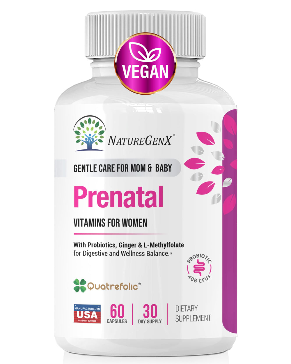 NatureGenX Methyl Prenatal bottle shot highlights a complete vegan prenatal for energy support