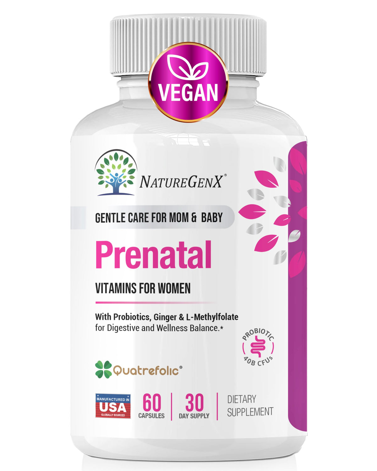 NatureGenX Methyl Prenatal bottle shot highlights a complete vegan prenatal for energy support