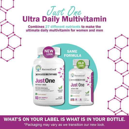 NatureGenX methylated multivitamin bottle side view highlighting iron-free formula.
