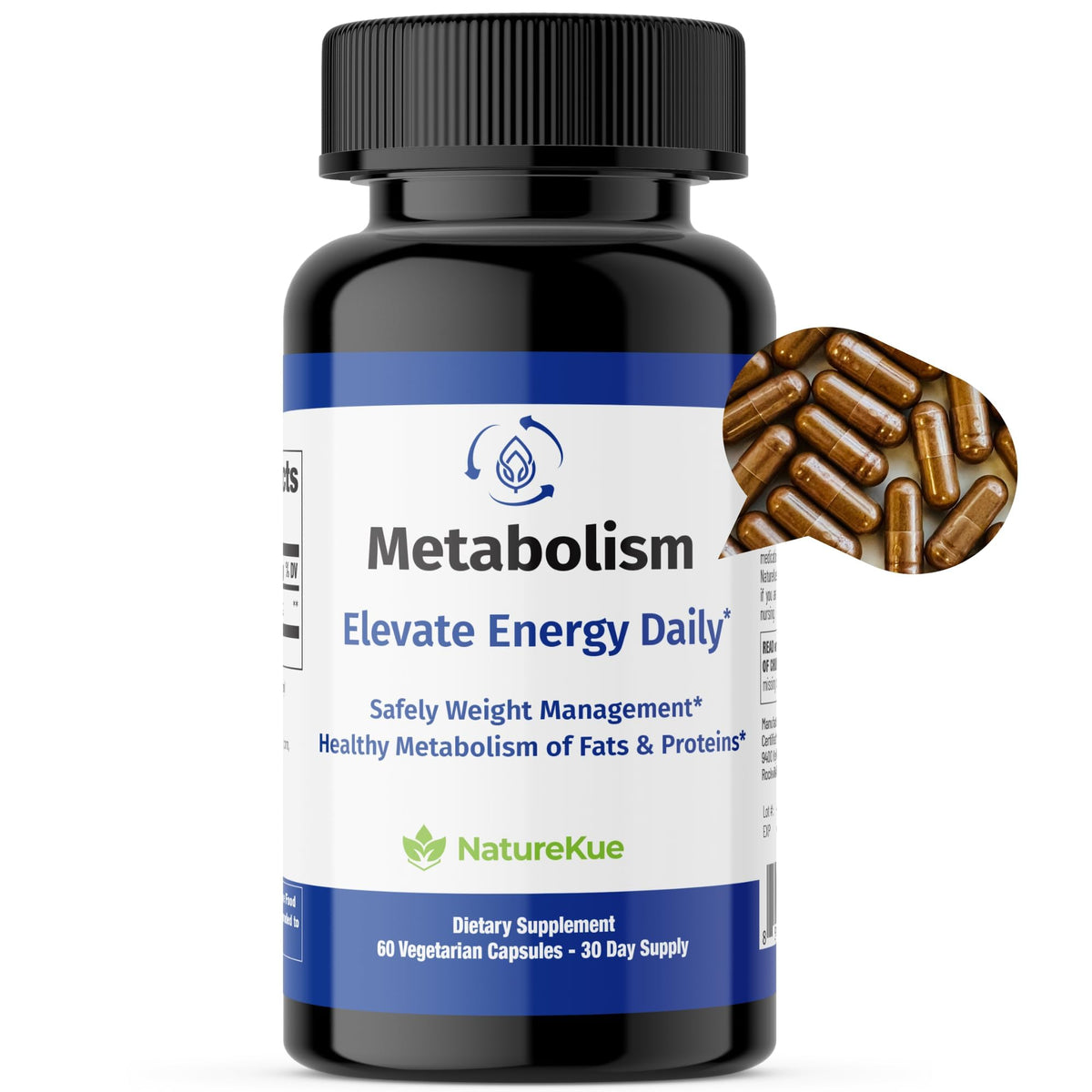 NatureKue Metabolism capsules in bottle for daily weight management support