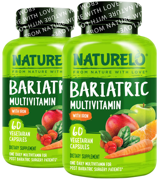 Naturelo bariatric multivitamin bottle close-up for daily nutrient support after gastric bypass