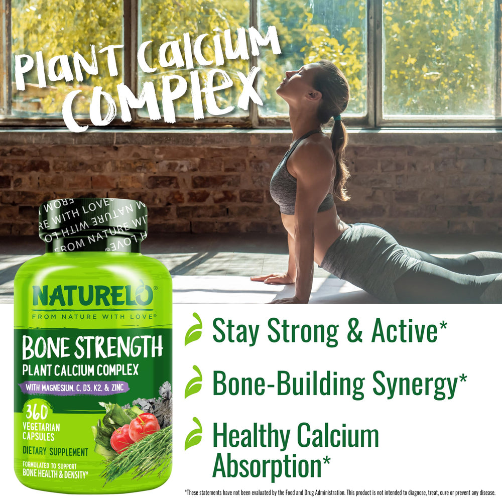 Naturelo bone-strength capsules close-up in a vegetarian formula