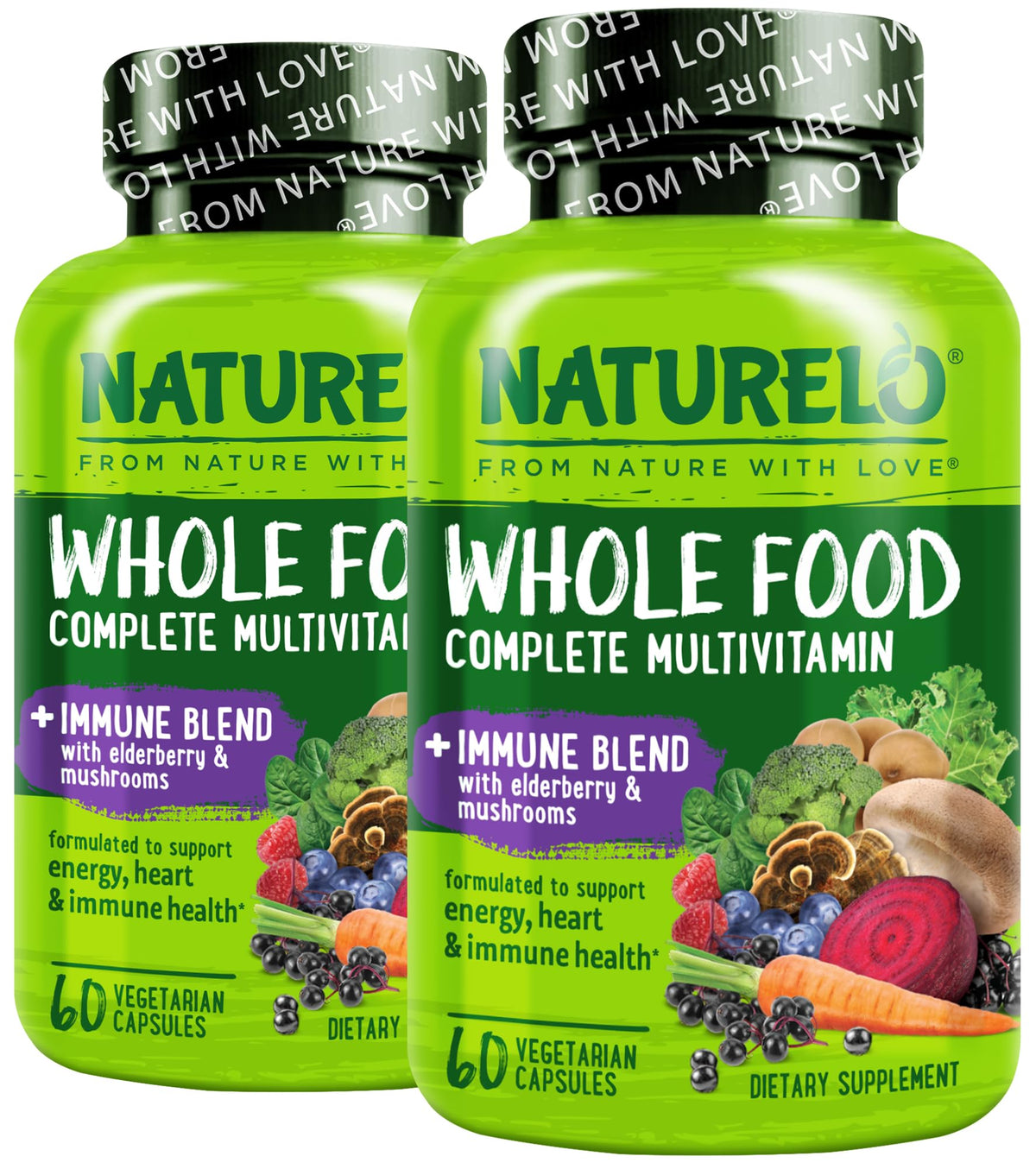 Naturelo Whole Food Multivitamin bottle for daily immune support with vegan capsules.