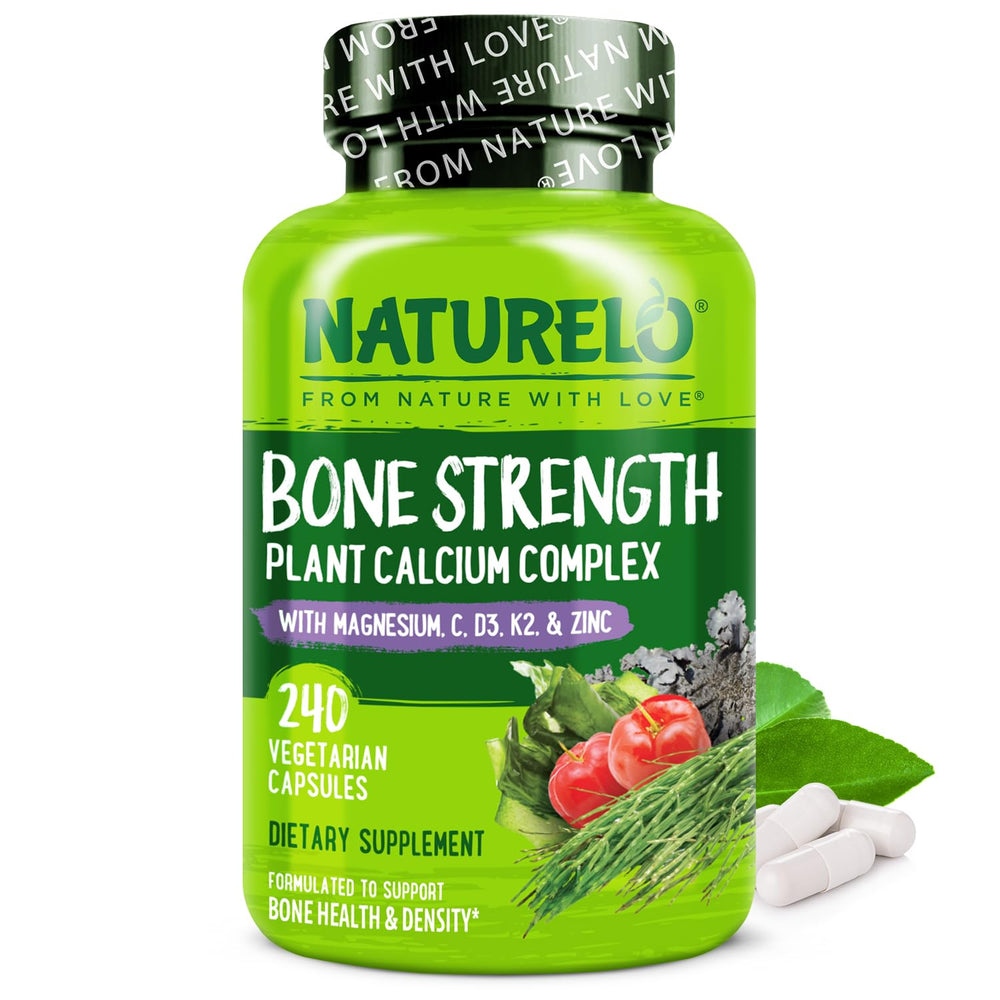 Naturelo Calcium bottle front showing plant-based formula for bone support