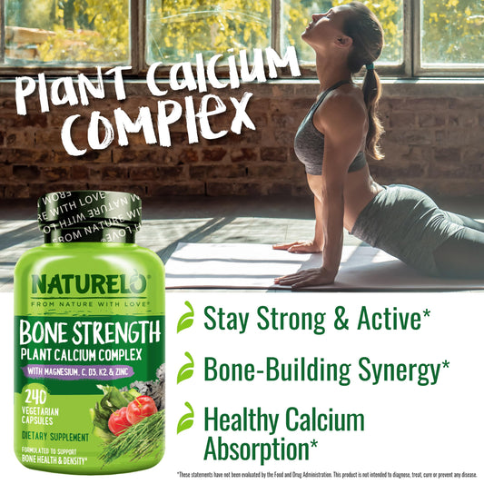 Naturelo calcium capsules inside bottle highlighting vegan, non-GMO calcium complex