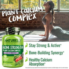 Naturelo calcium capsules inside bottle highlighting vegan, non-GMO calcium complex