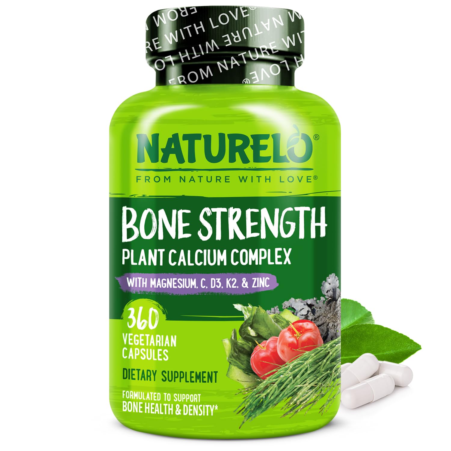 Naturelo calcium supplement bottle showing plant-based calcium 600 mg for bone support