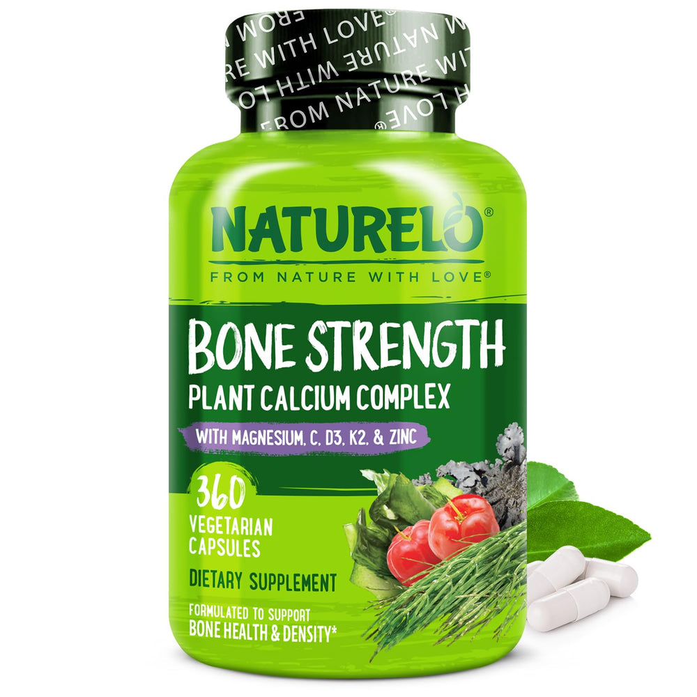 Naturelo calcium supplement bottle showing plant-based calcium 600 mg for bone support