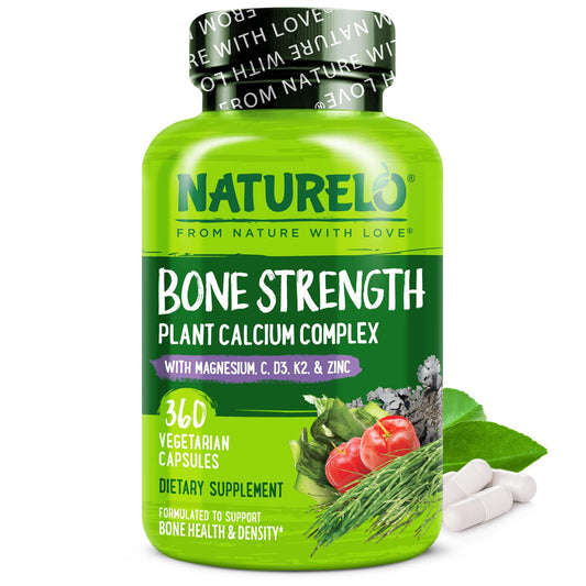 Naturelo calcium supplement bottle showing plant-based calcium 600 mg for bone support