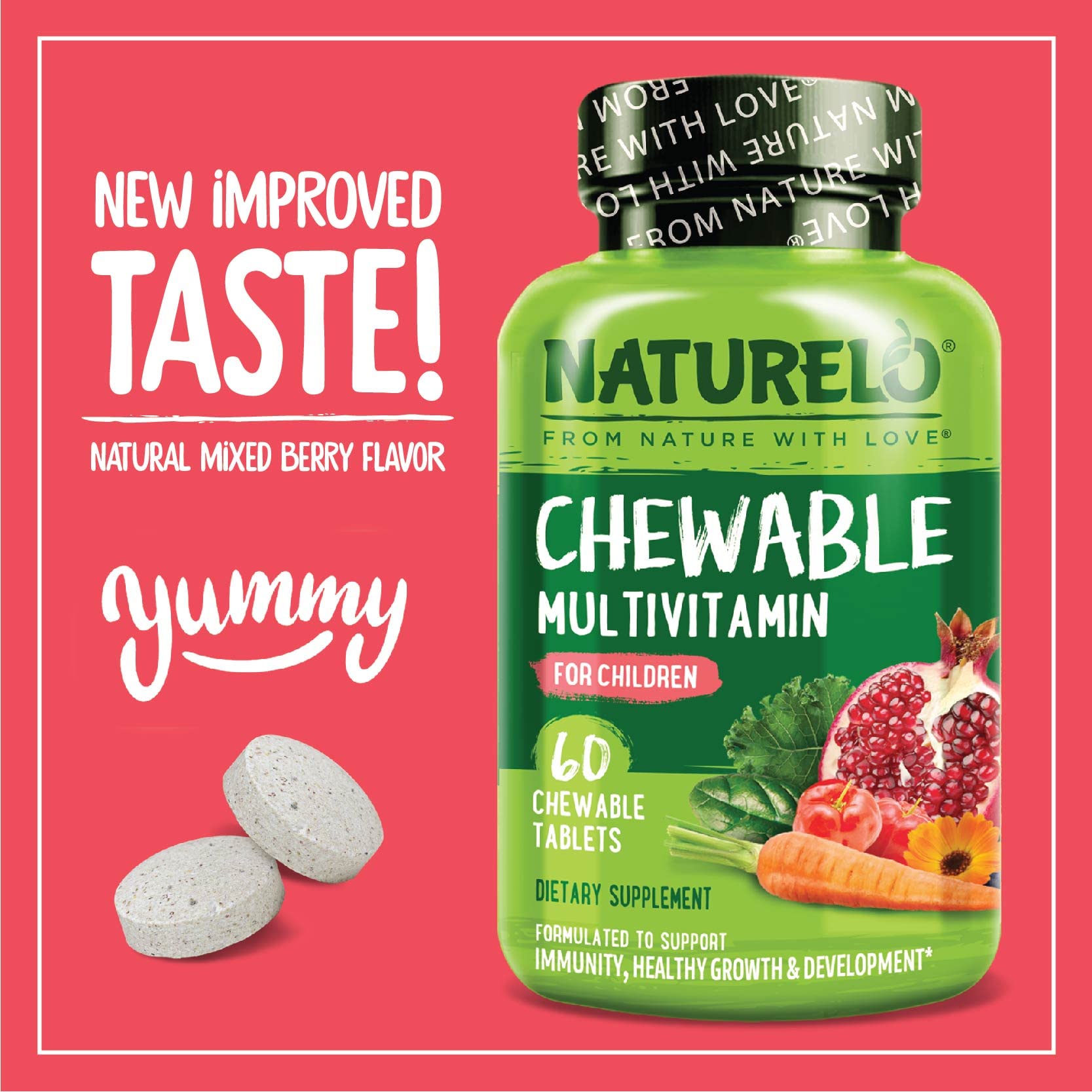 Close-up of NATURELO chewable tablet in berry flavor appealing to kids.