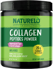 NATURELO Collagen Peptide Powder bottle front showing clean label for skin and joint support