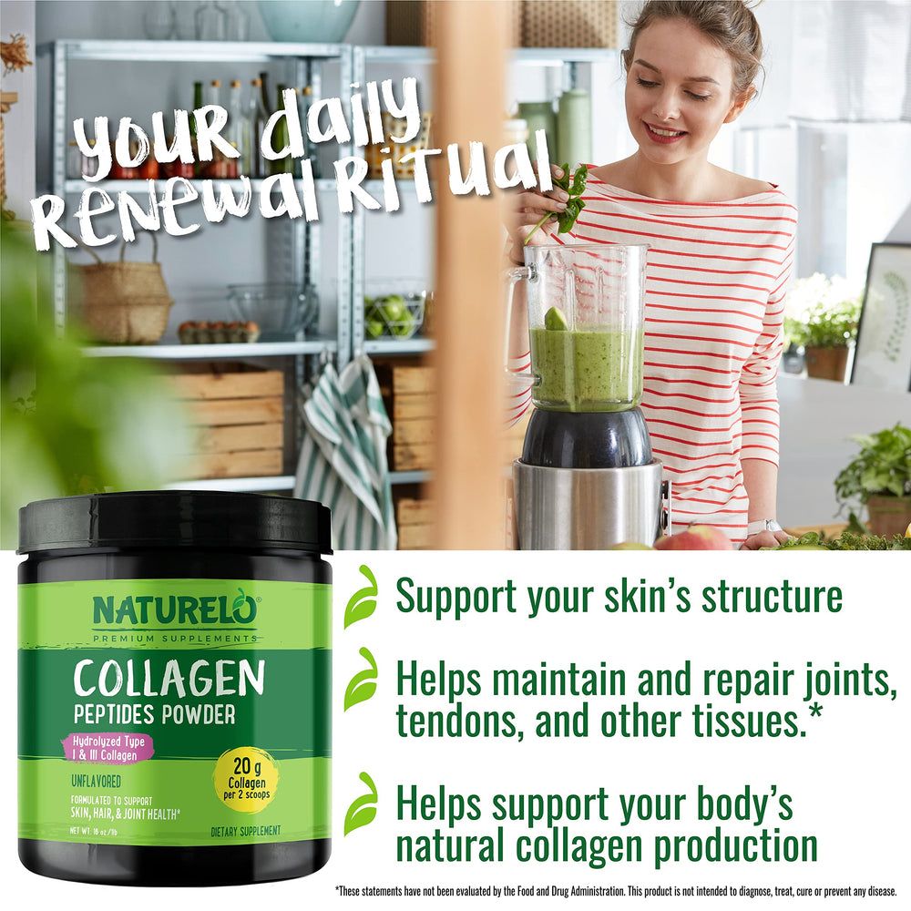 NATURELO Collagen Peptide Powder bottle back label highlights ingredients and guidelines