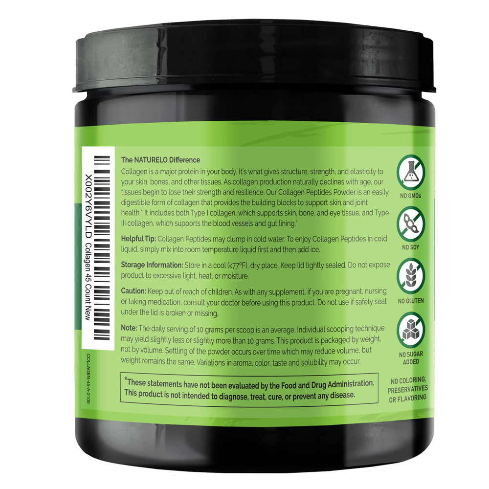 NATURELO Collagen Peptide Powder scoop measuring a full serving for daily collagen intake