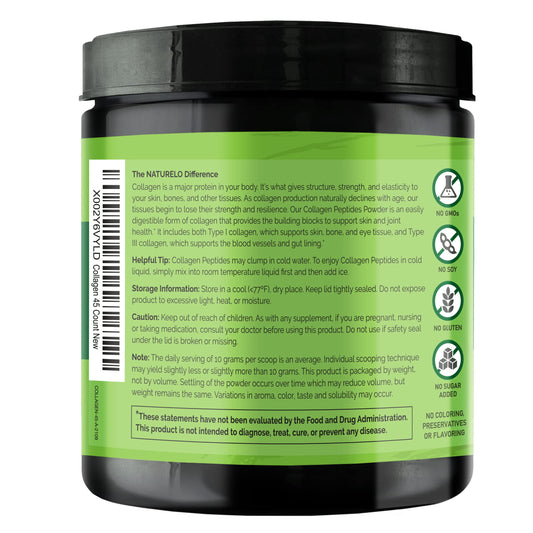 NATURELO Collagen Peptide Powder scoop measuring a full serving for daily collagen intake