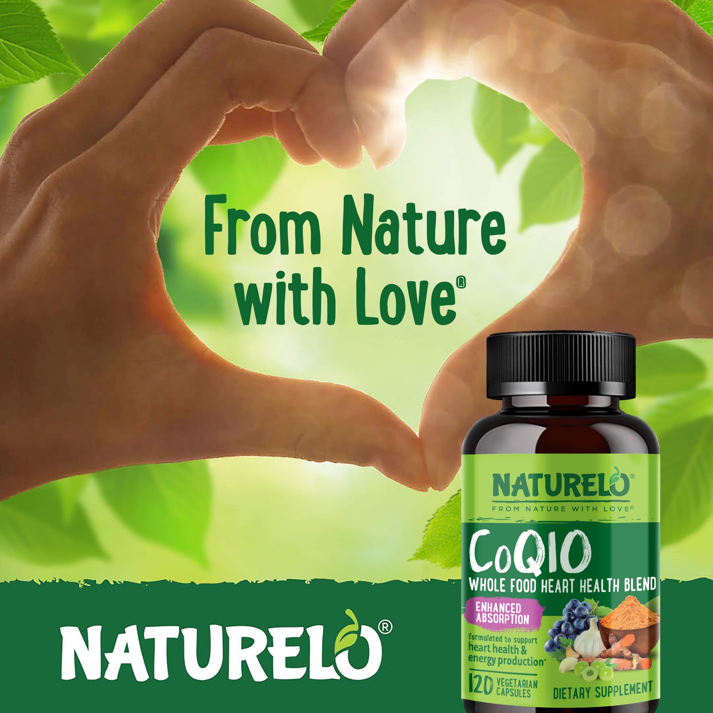 Naturelo CoQ10 daily-use scene on a countertop for wellness routine