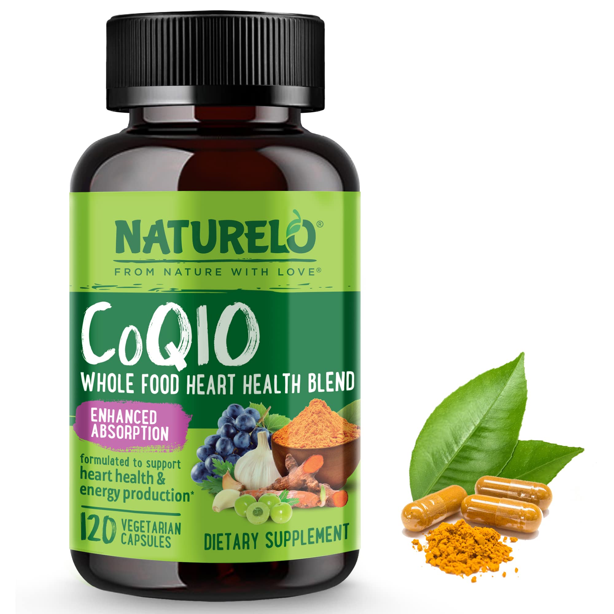 Naturelo CoQ10 supplement bottle front showing packaging for heart health and energy support