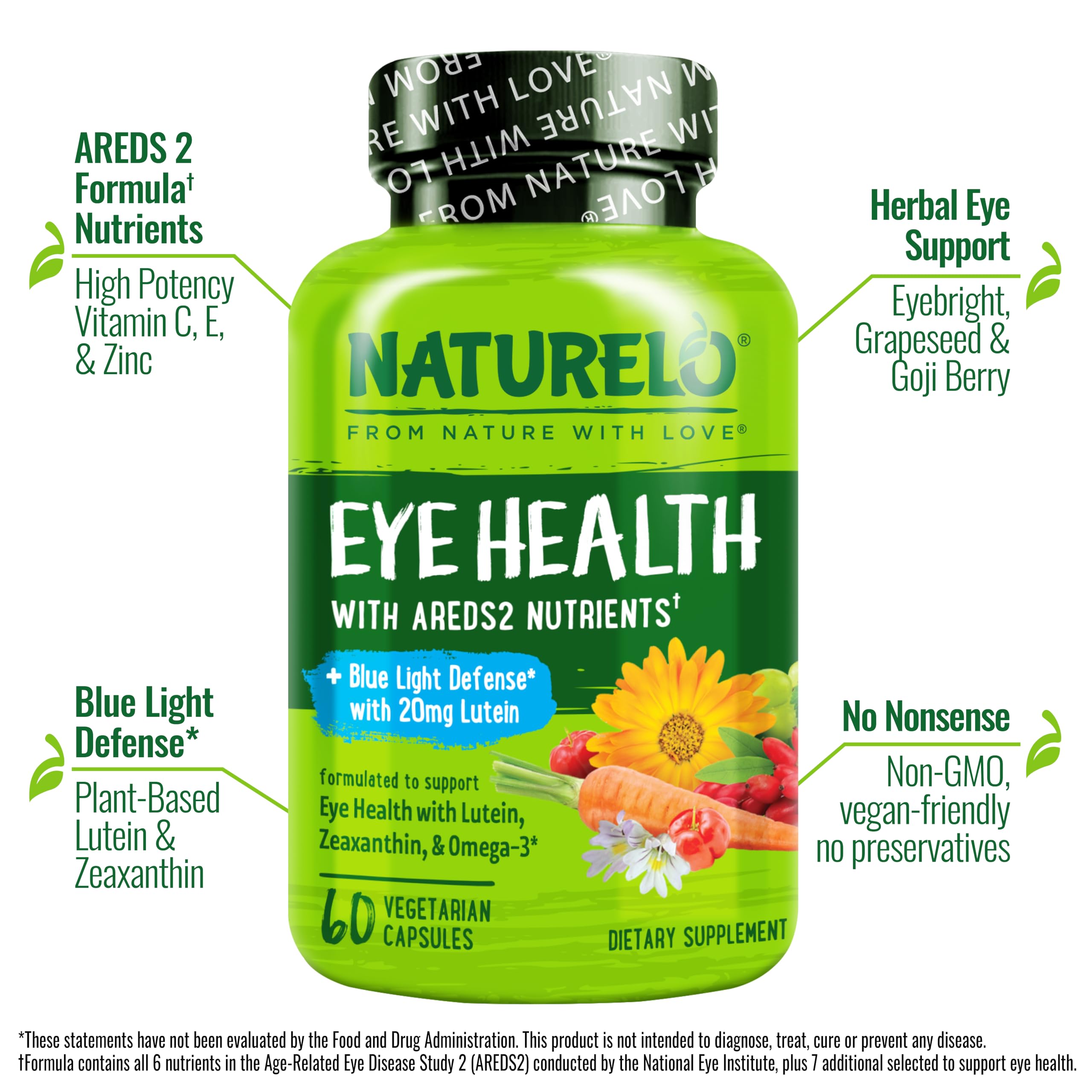 Naturelo Eye Vitamins AREDS2 capsules close-up for daily eye comfort