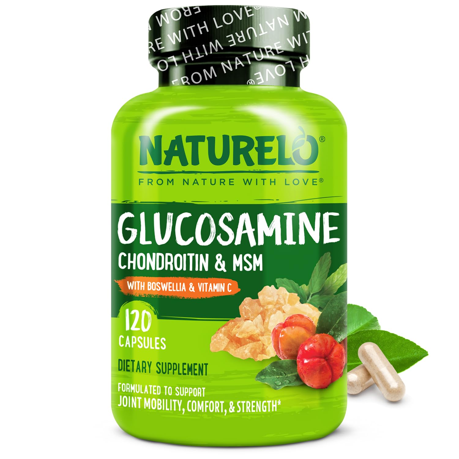 Naturelo Glucosamine Chondroitin MSM bottle and label highlighting joint support.