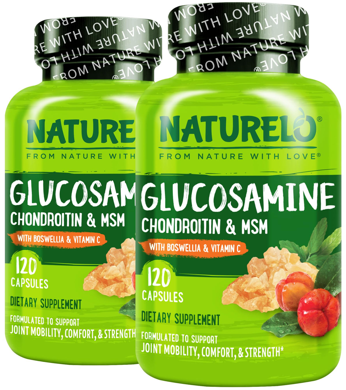 Naturelo Glucosamine Chondroitin MSM bottle shows joint support for daily mobility