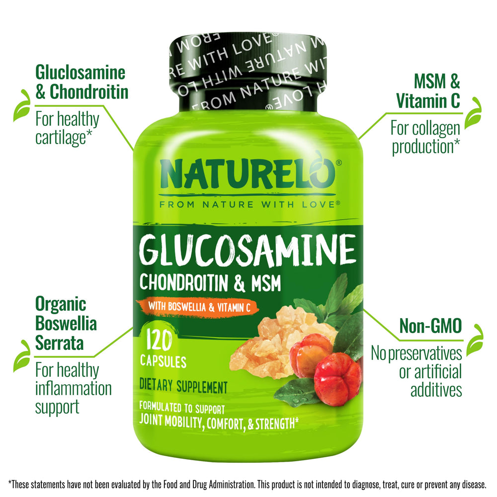 Naturelo Glucosamine Chondroitin MSM pack highlights complete joint care for flexibility