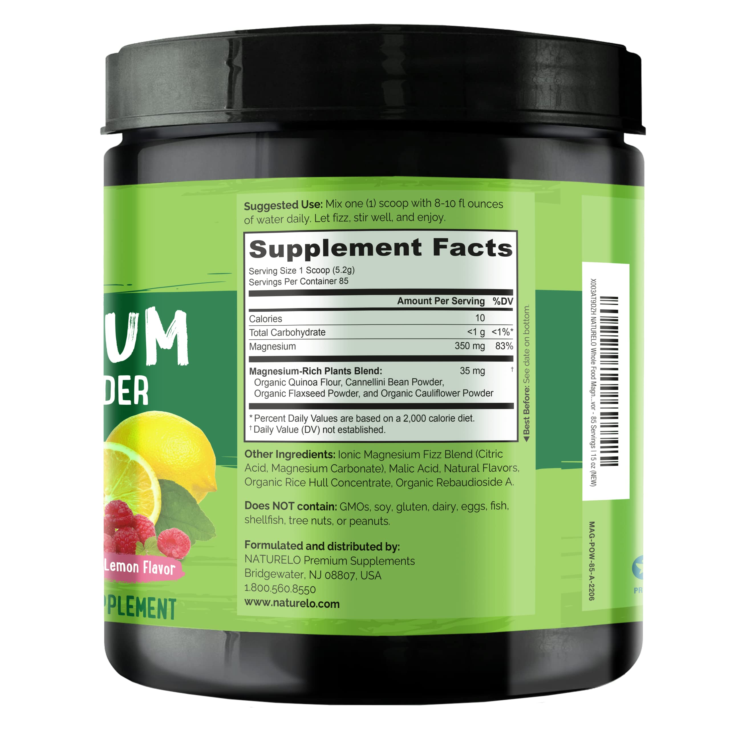 Naturelo Magnesium Powder packaging close-up, shows 15 oz bottle and 85 servings.